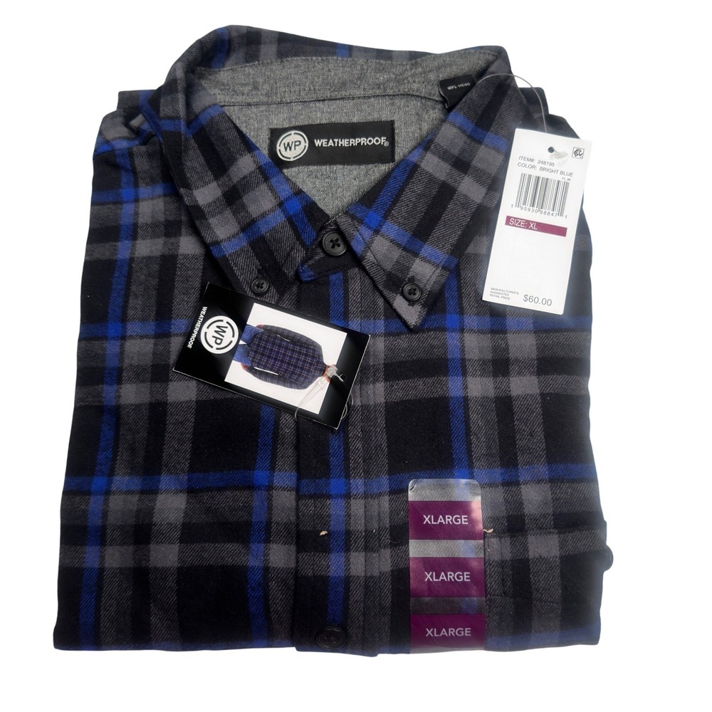 Weatherproof Flannel Shirt Blue Grey Black Plaid Cotton Blend XL NWT